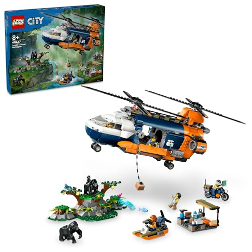 LEGO® City Jungle Explorer Helicopter at Base Camp 60437, Vehicle Toys Adventure Playset for Ages 8 Plus, Christmas or Birthday Toy for Kids, 5 Minifigures and 3 Gorilla Figures