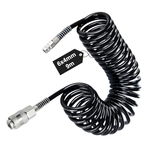 LNSYSNS Manguera Compresor Aire max 8 Bar, 4 x 6 mm Manguera Compresor Espiral con Conector de 1/4", 9 m Accesorios Compresor Aire, Negro, para Suministro de Aires Comprimido