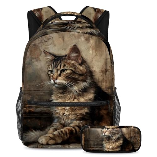 Sac à dos chat vintage pour la rentrée des classes ensemble cartable et trousse ados multicolore