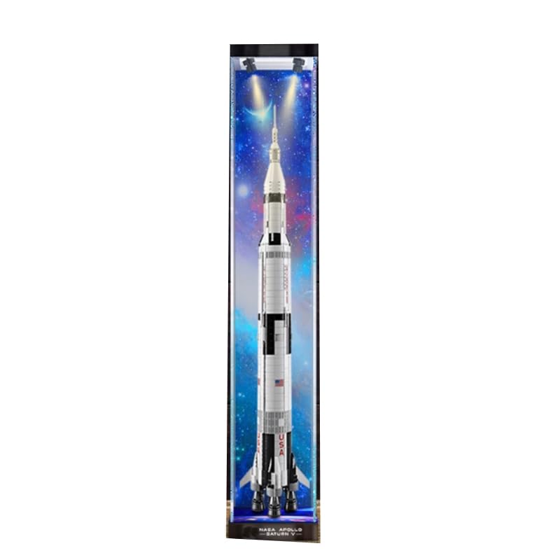HCAEIOFJ Clear Acrylic Display Case for Lego Ideas 21309 Applicable for Nasa Apollo Saturn V Set Display Box Gift(Display Case Only) (Background+Top Light2)