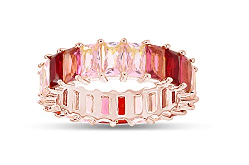 AFFY 18K Rose Gold Plated Emerald-Cut Multi Color AAA Created-Gemstone Eternity Ring Rainbow Ring Size-8