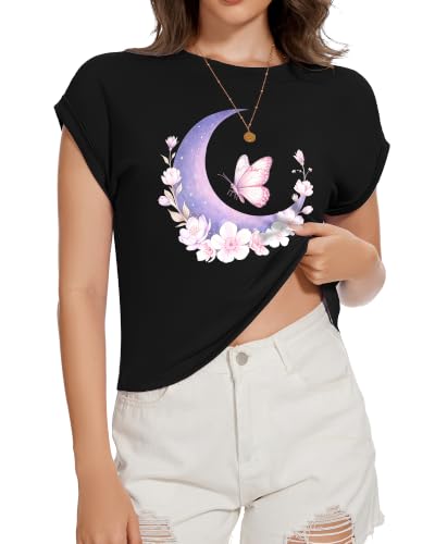 Image of Womens Crop Tops Summer Roll Cap Sleeve Cropped Tshirt Loose Fit Basic Tees