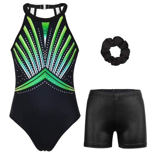 Gymnastics Leotards for Girls With Shorts Sparkly Ballet Dance Clasp Back Activewear Fluorescent Green Set 4-5T