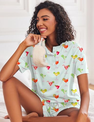 Image of Ekouaer Pajamas Set for Women Short Sleeve Lounge Set 2 Piece Loungewear PJs Soft Cute Lightweight Sleepwear