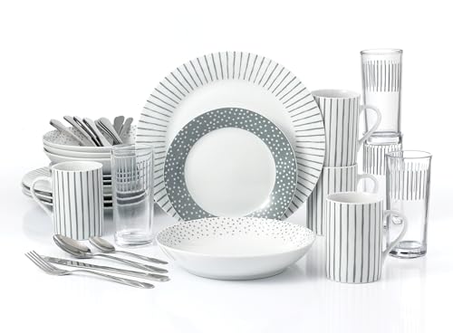 Waterside - 36pc Combination Dinner Set; 4 Porcelain Dinner Plates, Side Plates, Soup Bowls, Mugs & Hi-Ball Glasses and Cutlery Set - Dishwasher & Microwave Safe