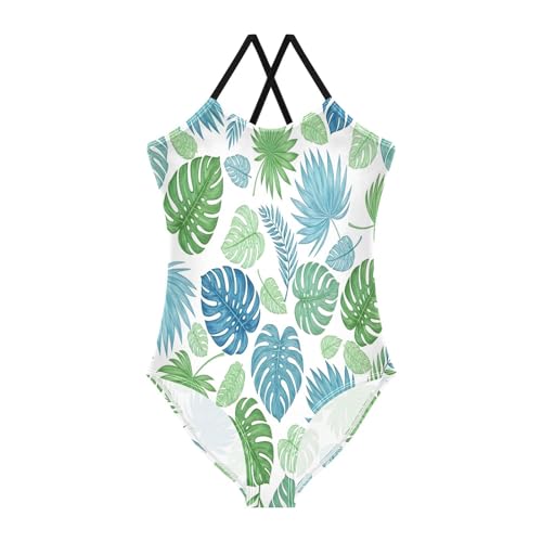 Girl Bathing Suits 3-10 Y Beach Swimsuit Girls, Lush Tropical Leaves Blue Green