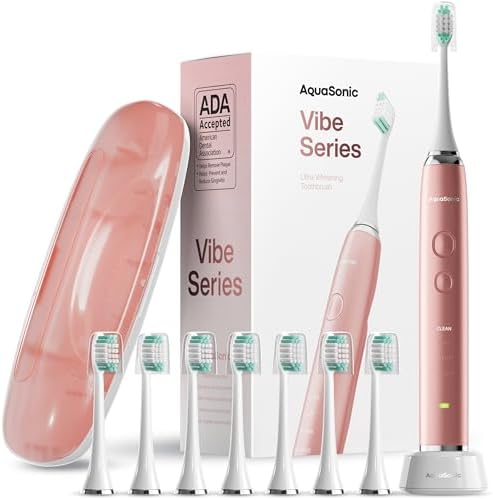Aquasonic Adult VIBE series Sonic 40000 VPM Motor & Wireless Charging 4 Modes w Smart Timer Ultra Whitening 8 DuPont Brush Heads & Travel Case Included Electric Toothbrush (Satin Rose Gold)