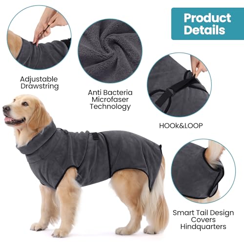 HAPPY HACHI Hunde Bademantel Mikrofaser Badetuch Hundebademantel Waschbare Super Saugfähig Feuchtigkeit Schnell Trocknend Handtuch Strandtuch für Kleine Mittlere und Große Hund Katze (Grau, L)