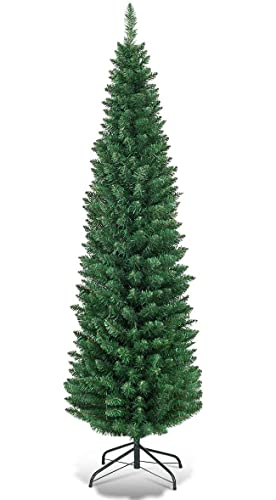 HAPPYGRILL 5FT Pencil Christmas Tree Slim Xmas Tree Unlit Skinny Artificial Christmas Tree with Foldable Metal Stand PVC Material Leaves