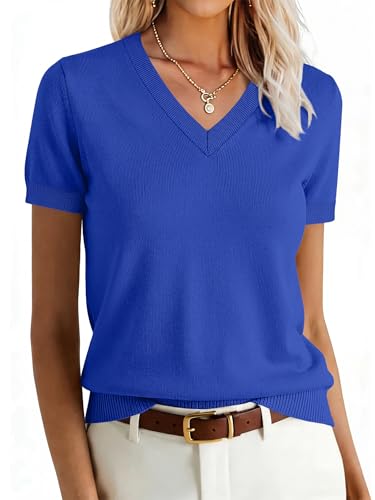 Image of ANRABESS Women Wool Blend Sweater Summer 2026 Short Sleeve V Neck Pullover Top Business Casual Outfit Beach Vacation Clothes
