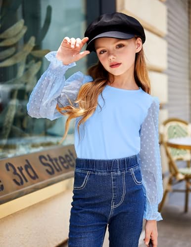 Image of Arshiner Girls Long Sleeve Shirt with Ruffle Cuffs Polka Swiss Dots Kids Girls Pullover Shirts Cute Crewneck Girls Top