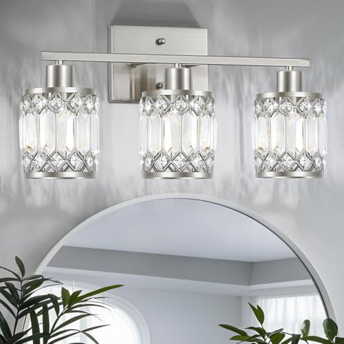 JZEKVN Crystal Modern Bathroom Light Fixtures, 3-Light Brushed Nickel Bathroom