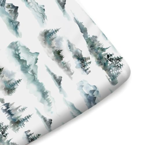 Image of Watercolor Misty Forest Painting Fitted Baby Crib Sheets for Girl Boy 52 inchx28 inch Mountain Foggy Crib Mattress Cover Soft Breathable Baby Bed Sheet for Standard Crib and Toddler Mattress