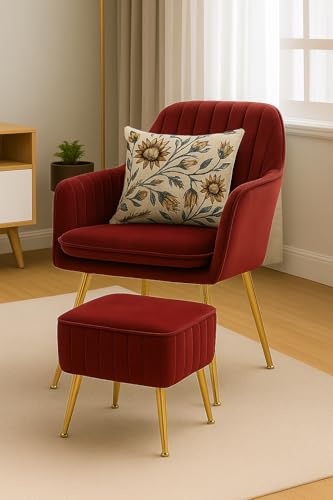 Image of Velvet Accent Chair with Matching Pouffe & Floral Cushion | Modern Upholstered Armchair with Gold Metal Legs | Lounge Chair for Living Room, Bedroom, Office, Guest Room (Red)