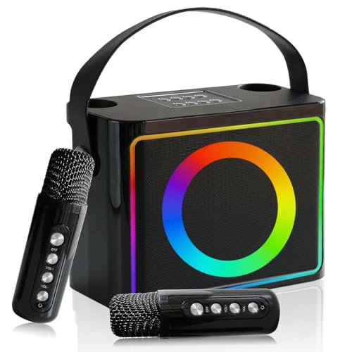 Karaoke 2 microfonos inalambricos,máquina de Karaoke portátil para Adultos y niños, Altavoz Bluetooth portátil con Sistema PA, Luces LED, soporta Tarjeta TF/USB, Entrada AUX, FM, USB