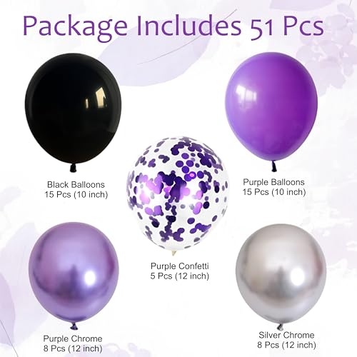 Image of Purple and Black Balloon Garland Kit with Chrome, Confetti Balloons for Birthday Theme Decoration, 51 Pcs