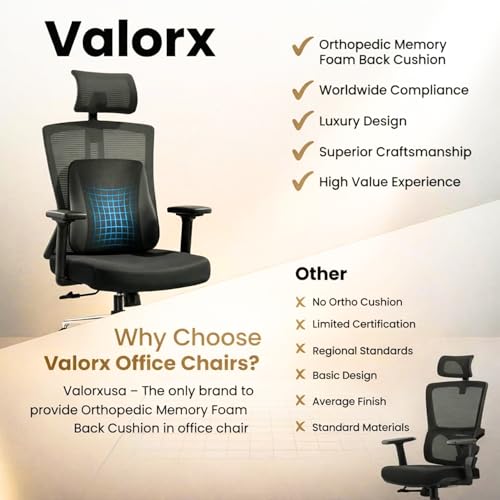 Image of ValorX USA Summit 2026 Ergonomic High Back Office Chair | Orthopedic Memory Foam Back Cushion | Smart Tilt-Lock Mechanism | Breathable Italian Mesh | 3D Armrest | 3 Year Warranty | Black