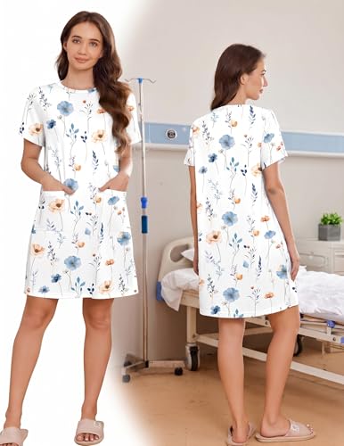Image of Deyeek Women's Post Shoulder Surgery Hospital Gowns Tear Away Short Sleeve Full Open Side Snap Adaptive Clothing Nightgowns