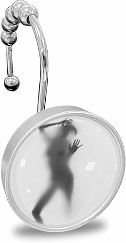 Ganchos para cortina de ducha, 12 piezas, diseño de silueta desnuda, color blanco y negro, acero inoxidable a prueba de óxido, anillos de cortina de