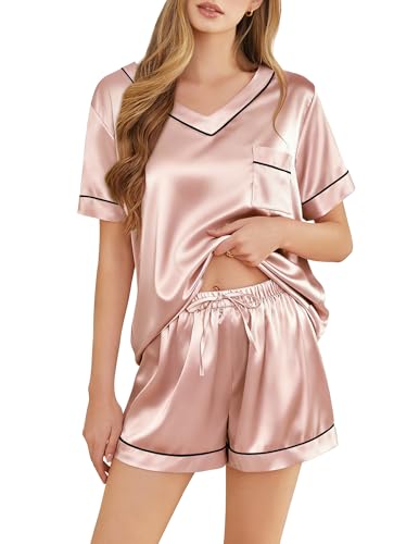 Image of Silk Pajamas for Women Short Sleeve Satin 2 Piece Pj Set Soft V Neck Sleepwear Loungewear, S-XXL