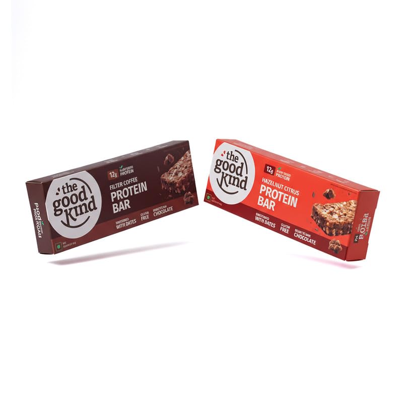 Image of The Good Kind Filter Coffee Protein Bar (3 Pack) & Hazelnut Citrus Protein (2 pack) - 60gm(each), Plant Based Protein with Brown Rice, Almond Butter, Seeds, Oats, Perfect for Snacking, Palm Oil free & Vegan (Pack of 5)