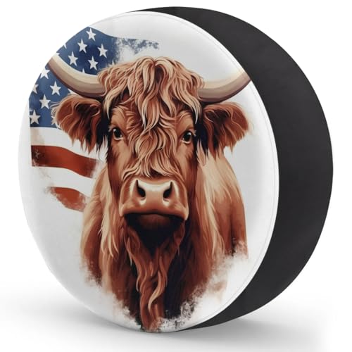 Image of Spare Tire Cover for RV Trailer, American Highland Cow Tire Covers Universal Fit for Travel Trailer Camper Jeep RV SUV Truck Waterproof Wheel Cover (15 inch for Diameter 27 inch - 29 inch),A-1019