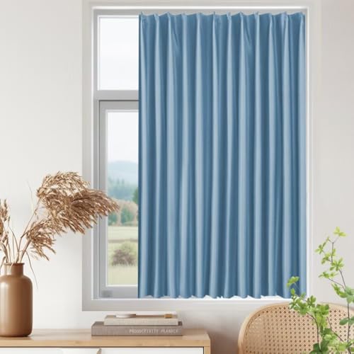 GMUMU 遮光カーテン 丈130cm 幅140cm 1枚組 断熱 防寒 小窓 防音 カフェーカーテン 省エネ 保温 昼夜目隠し 日焼け 防止 UVカット 節電対策 かわいい アジャスターフック付き シンプル 北欧 厚地 無地 おしゃれ 洗える ブルー
