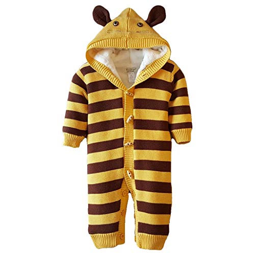 Atezch Baby Long Sleeve Hooded Romper Jumpsuit,Newborn Warmer Snowsuit Thicken Warm Knitted Hoodies Outerwear Winter Stripe Pajamas for Boys and Girls (Yellow, 86)