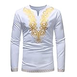 Material: Polyester Hemd Herren Gold Gedruckt T-Shirt Langarm Ethnischen Stil Casual Bluse Herbst Winter Golden Mysterious Pattern Dashiki Tops,Weiß,L
