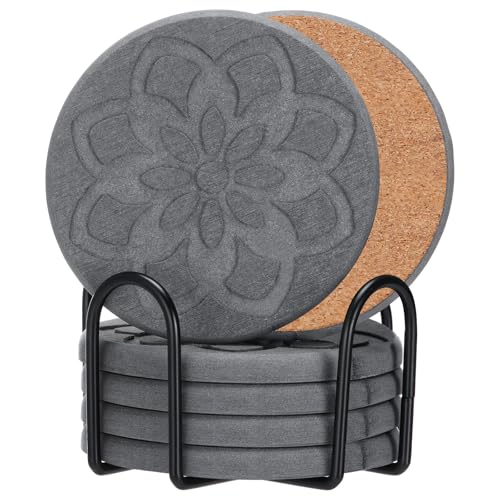 Teecyhooo 6 Pcs Diatomaceous Earth Absorbent Coasters with Holder 4 Inch Floral Engraved Non-Slip Round Diatom Mud Cup Mats Drink Coasters for Home Office Coffee Kitchen Bar Table Decor