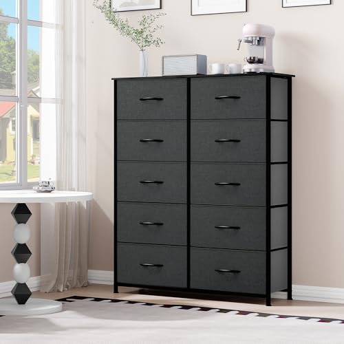 DWVO 10 Drawer Dresser - Fabric Storage Tower, Organizer Unit for Bedroom, Living Room, Hallway, Closets - Sturdy Steel Frame, Wooden Top & Easy Pull Fabric Bins
