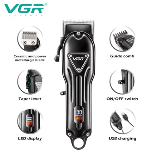 Image of VGR V-051 Professional Hair Clipper, Salon Trimmer for men, Digital Display, Ceramic & Powder Metallurgic Blades, 2500mAh Lithium Battery, 300 minutes Runtime, 4 Guide Combs (Black) 2 Year Warranty