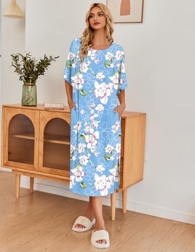 Image of Ekouaer Women's Nightgown Short Sleeve Sleepshirt Long Loungewear Casual Maxi Lounge Dress House Dresses with Pockets