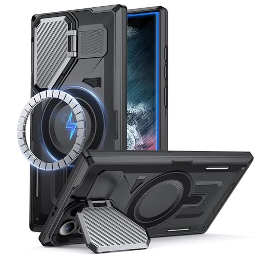 FNDMIL for Samsung Galaxy S22 Ultra/S23 Ultra Case with MagSafe[Built-in Camera Cover Stand][Military-Grade Shockproof][Dual Layer Protection]Heavy Duty Bumper for S22 Ultra/S23 Ultra Phone Case Black