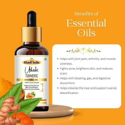 Image of Khadi Turmeric Essential Oil 15 ml | Pure & Natural | For Skin Care, Scars & Acne | Muscle Relaxation & Anti Aging | Face & Body Massage Oil | All Skin Types | Aromatherapy for Men & Women