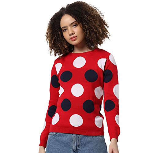 Image of Campus Sutra Women Red Polka Dot Regular Fit Sweater for Winter Wear | Round Neck | Full Sleeve | Woolen Sweater | Casual Jacket for Woman & Girl | Western Stylish Jacket for Women