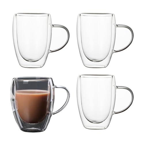 LoveFirst 4x150ml Tazze da Caffè in Vetro Borosilicato Trasparente Isolate a Doppia Parete con Manico,Effetto Galleggiante,per Caffè Espresso,Latte,Cappuccino,Bevande Calde, Tè,Succo di Frutta