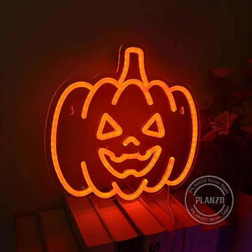 Image of Planzo Pumpkin Neon Sign Halloween Night Lights Wall Decoration Fall Harvest Lamp for Bar Kid Game Room Man Cave Bedroom Living Room Kitchen Spooky Halloween Christmas Gift Orange 5V USB Indoors