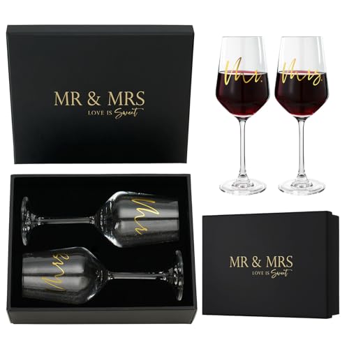 AW BRIDAL Mr & Mrs Kristallweingläser Set - Hochzeitsgeschenke für Brautpaare, Ehejubiläum Geschenk mit Goldprägung, Hochwertiges 2er Glaserset