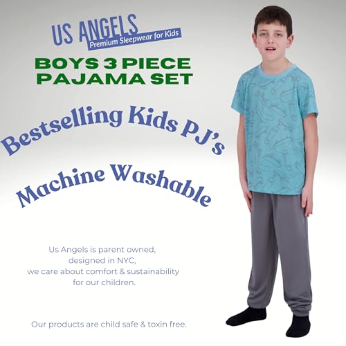 Image of US Angels Boys Pajamas Set | 3-Piece Pant, Shirt, Shorts Sleepwear Pjs for Kids | Loose Fit, Soft, Breathable Blue Plaid