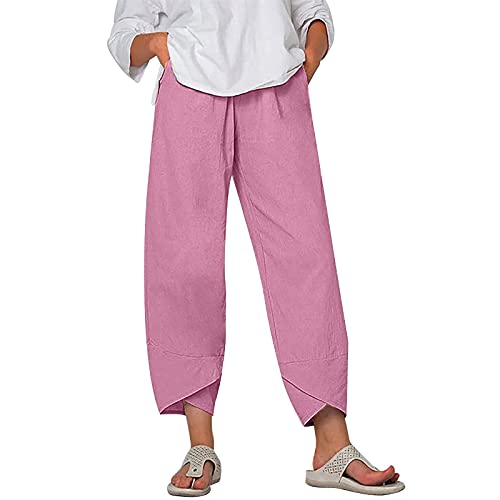 Image of Cotton Linen Capri Pants for Women 2025 Casual Printed Cropped Palazzo Pants Elastic Waist Lounge Baggy Trousers