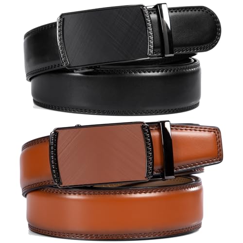 Image of Founders & C Mens Belt 2 Pack,Leather Ratchet Click Belt Dress with Slide Buckle 1 3 /8 inch in Gift Set Box- Size Adjustable