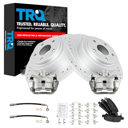 Image of TRQ Performance Rear Brake Pad and Rotor Set Semi Metallic Slotted Drilled G Coated Rotors Calipers Compatible with 2003-2006 Subaru Baja 2000-2004 Legacy 2000-2004 Outback