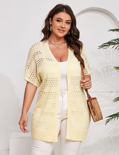 Image of Summer Crochet Cardigan Plus Size Women Short Sleeve Open Front Knitted Cardigans Lightweight Cover Up for Beach