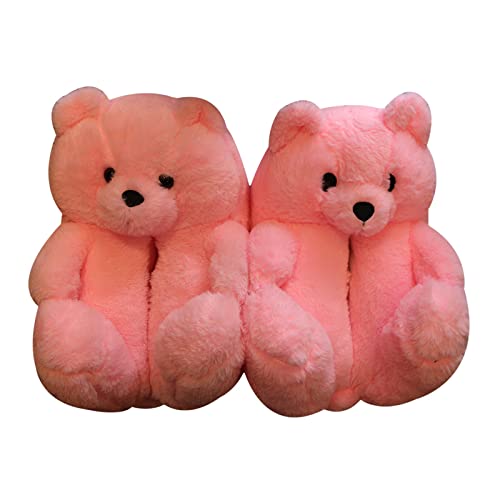 Seyomi US 6-9 Cute Teddy Bear Plush Home Indoor Slippers Ladies Soft Anti-Slip Faux Fur Comfortable Soft Winter Warm Cartoon Shoes