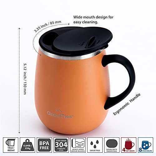 Grandties Insulated Coffee Mug With Handle - Sliding Lid For Splash-Proof 16 Oz Wine Glass Shape Thermos Tumbler With Double Walled Vacuum Stainless Steel To Keeps Beverages Hot Or Cold - Carrot #TOP4