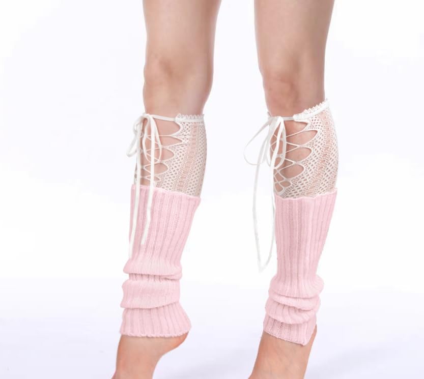 Image of Violet Mist Leg Warmers for Women Long Cotton Ribbed Knit Socks Knee High | Cute Funny Lace Fishnet Patchwork, 80s Retro Style, Kawaii Japanese Lolita Party