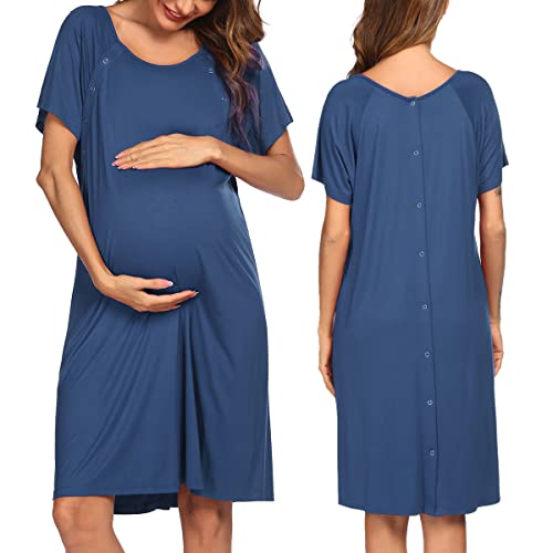 Image of Evanhome Hospital Gown Short Sleeve O Neck Nursing Sleepshirt Soft Cotton Labor and Delivery Gowns(Navy,Large)