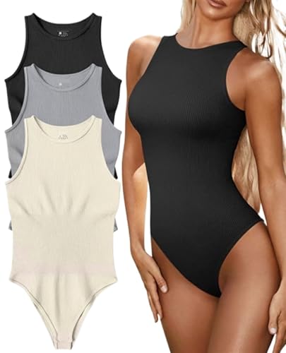 Body de Tanga para Mujer, Control de Abdomen, 3 Piezas, Cuello Alto simulado, sin Mangas, Ajustado, elástico, básico, Top sin Mangas