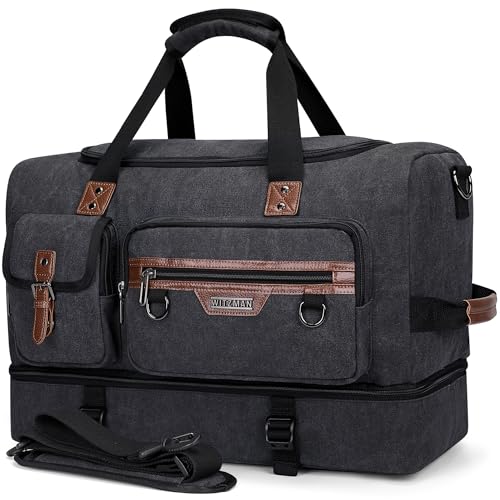 WITZMAN Canvas Weekender Bag Mens Overnight Bag for Traveling Carry on Duffle Bags with Shoes Compartment（A8010 Black）